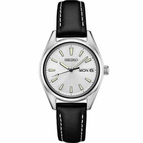 Seiko Essentials 30mm Quartz, Silver Dial / Black Leather Strap
