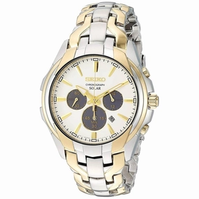 Seiko Men's Eco Drive Watch - Solar Black and Gold Tone Dial Bracelet | SSC634