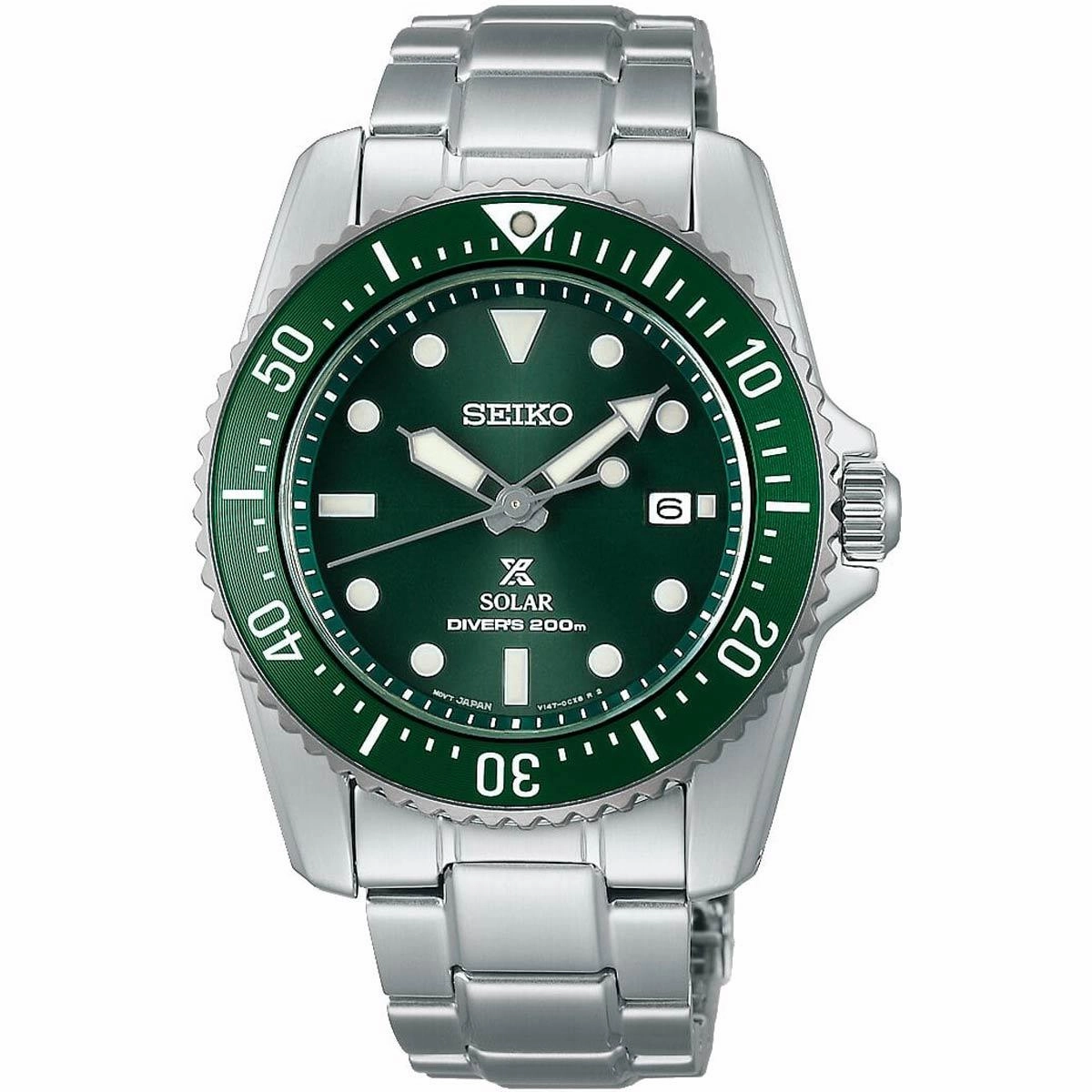 Seiko Men's Watch - Prospex Solar Green Dial Steel Bracelet Rotating Bezel | SNE583P1