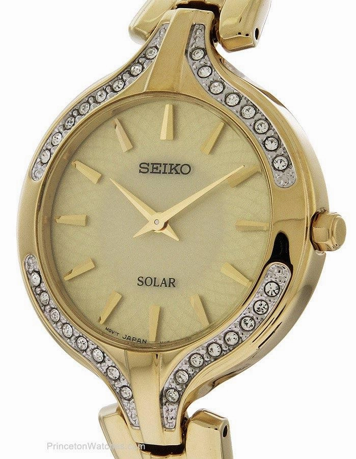 Seiko Solar Ladies Recraft 32 Crystal Dress Watch - Gold-Tone - Champagne Dial