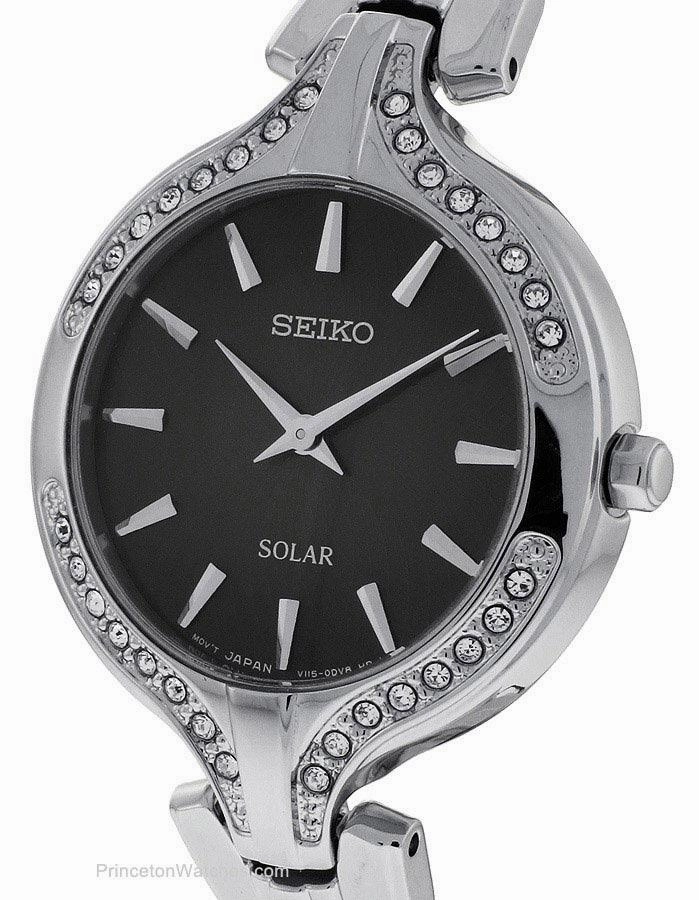 Seiko Solar Ladies Recraft 32 Crystal Dress Watch - Stainless - Black Dial
