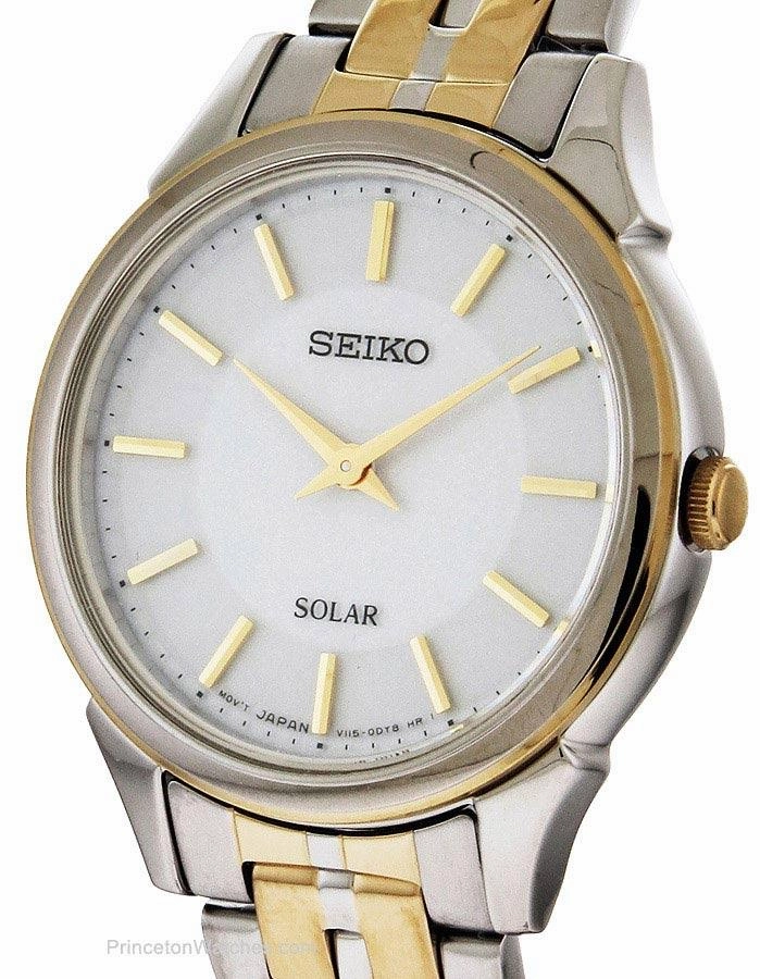 Seiko Solar Ladies Thin Dress Watch - Two-Tone - White Dial - Bracelet