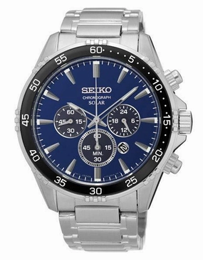 Seiko Solar Mens Chronograph - Blue Dial - Stainless Steel - Bracelet - Date