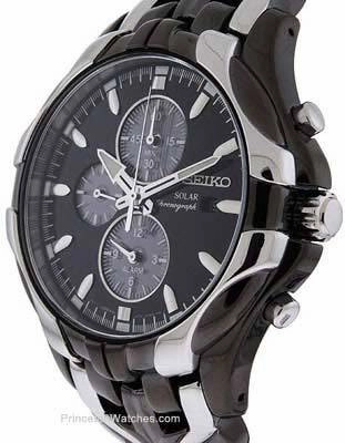 Seiko Solar Mens Excelsior Alarm Chrono - Black Dial - Black IP & Steel Bracelet