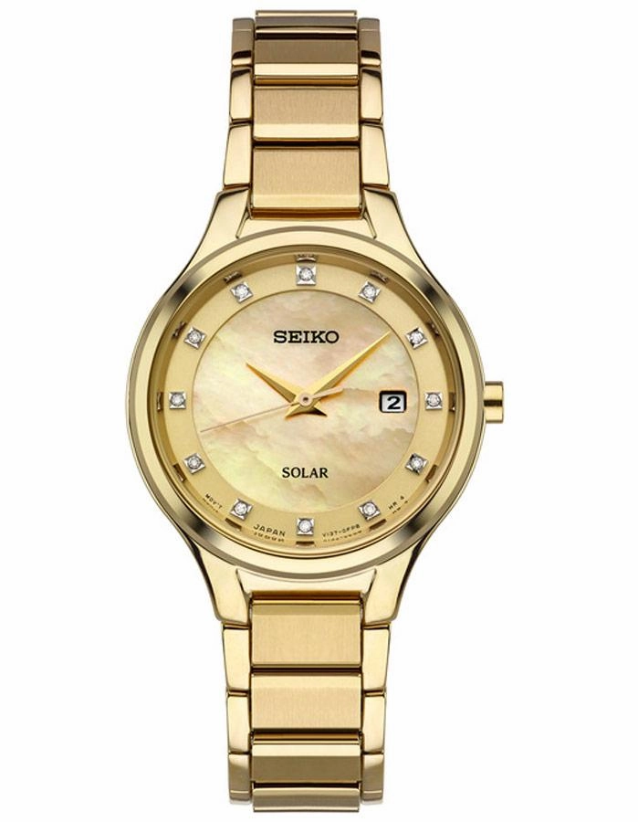 Seiko Womens Solar Diamond Dress Watch - Gold-Tone Mother of Pearl - Date