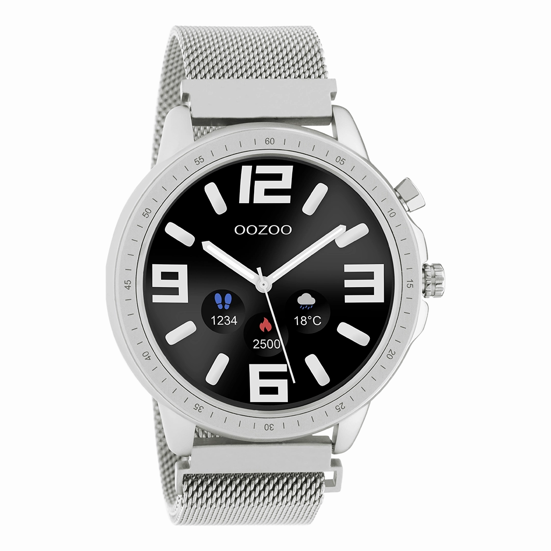 Silver coloured OOZOO smartwatch with silver coloured metal mesh bracelet - Q00305