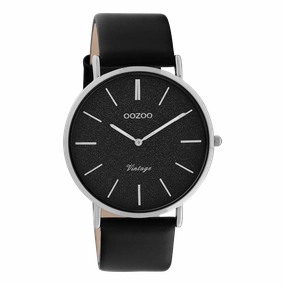 Silver coloured OOZOO watch with black leather strap - C20168