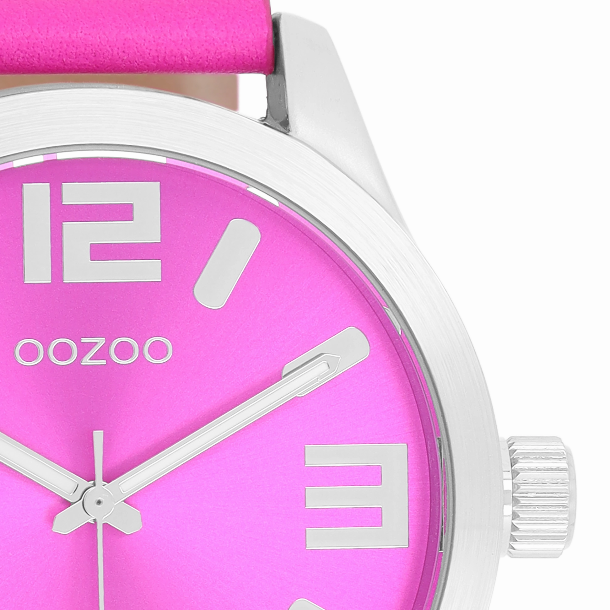 Silver coloured OOZOO watch with fluo pink leather strap - C1074