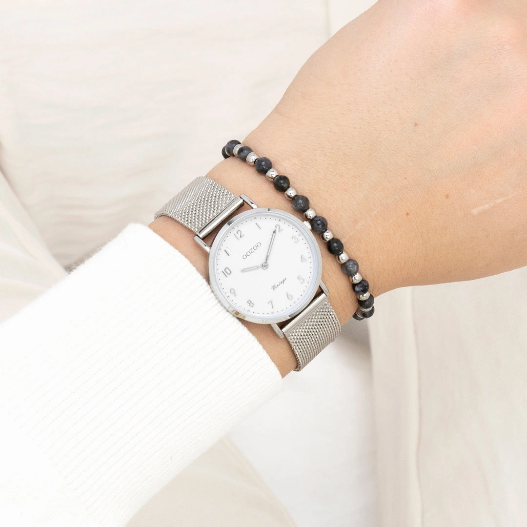 Silver coloured OOZOO watch with metal mesh bracelet - C20345