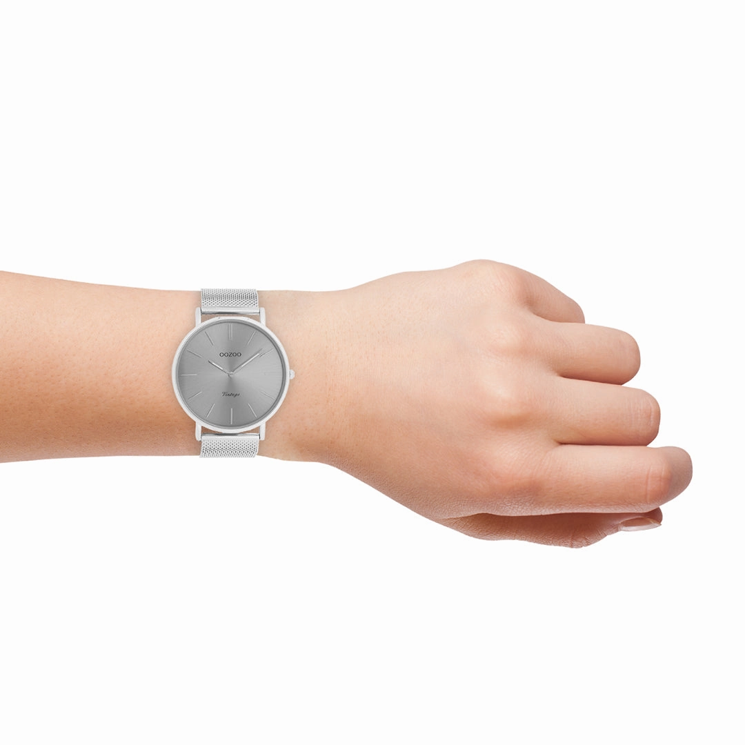 Silver coloured OOZOO watch with metal mesh bracelet - C9936