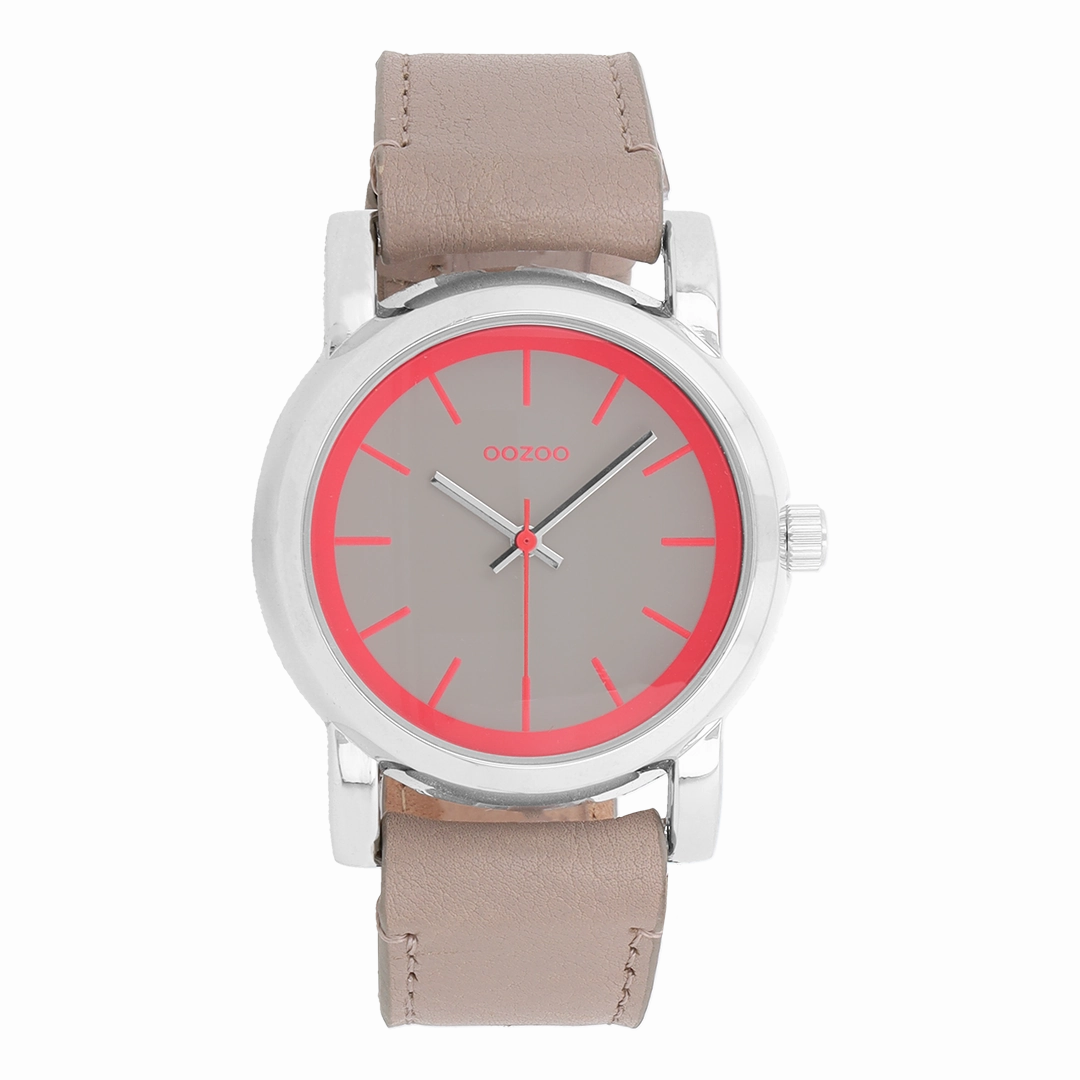 Silver coloured OOZOO watch with taupe leather strap - C7182