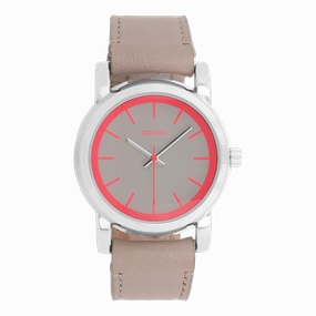 Silver coloured OOZOO watch with taupe leather strap - C7182