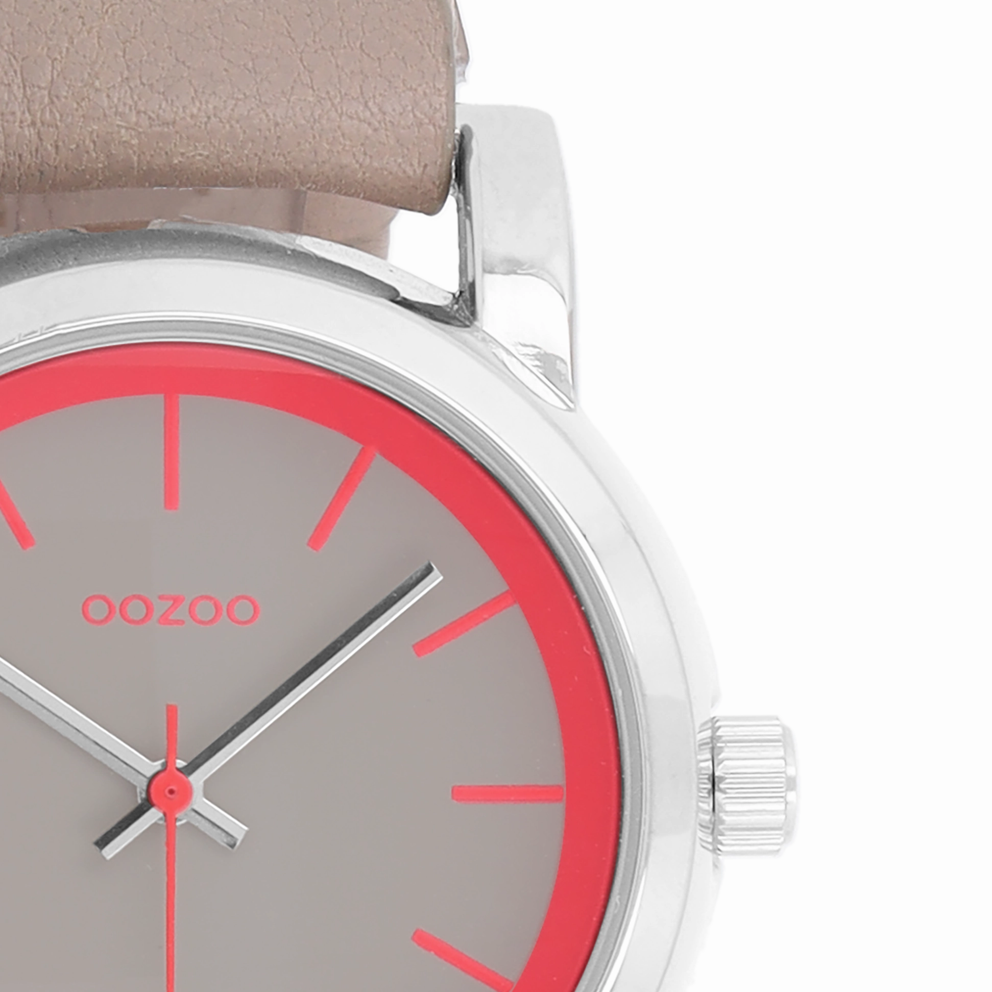 Silver coloured OOZOO watch with taupe leather strap - C7182