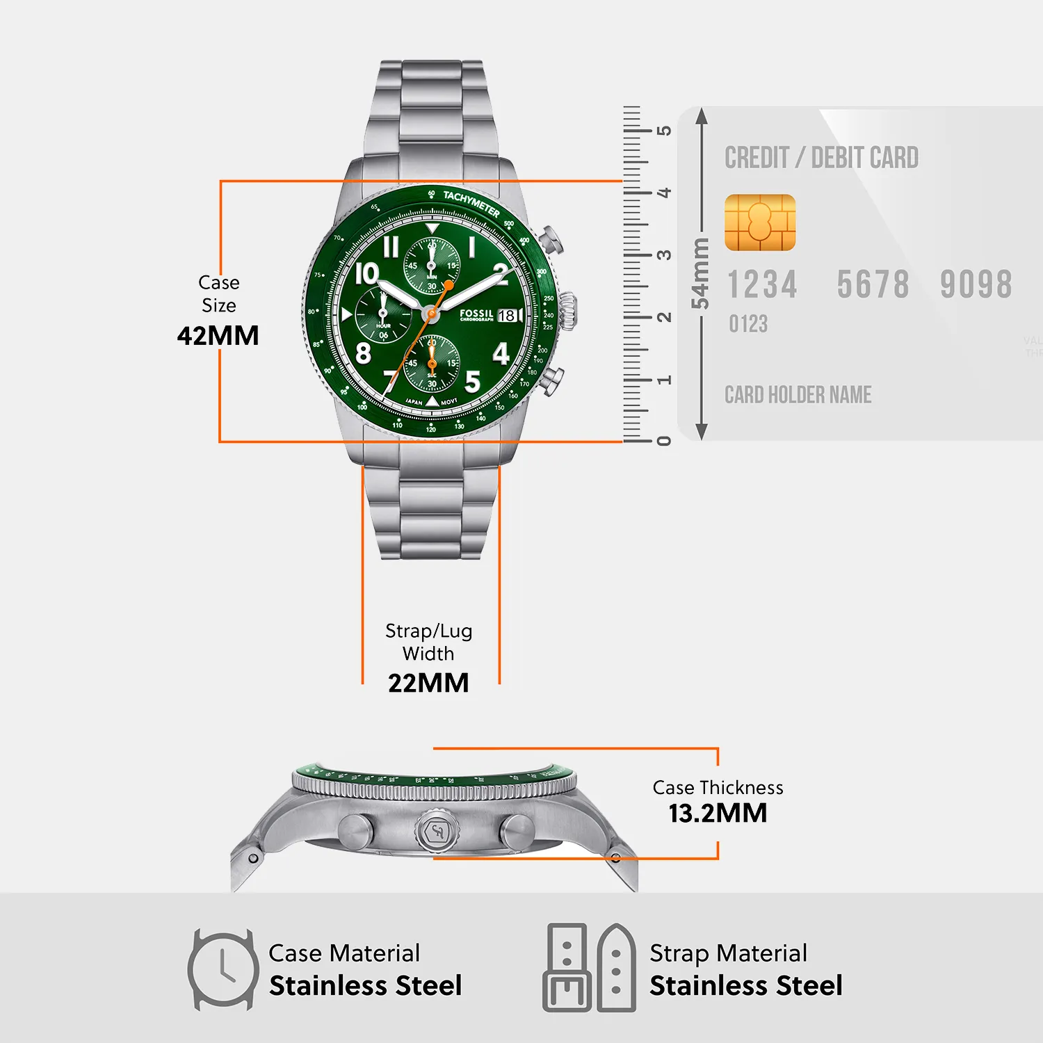Sport Tourer Men Quartz Green Dial Chronograph Stainless Steel Watch FS6048