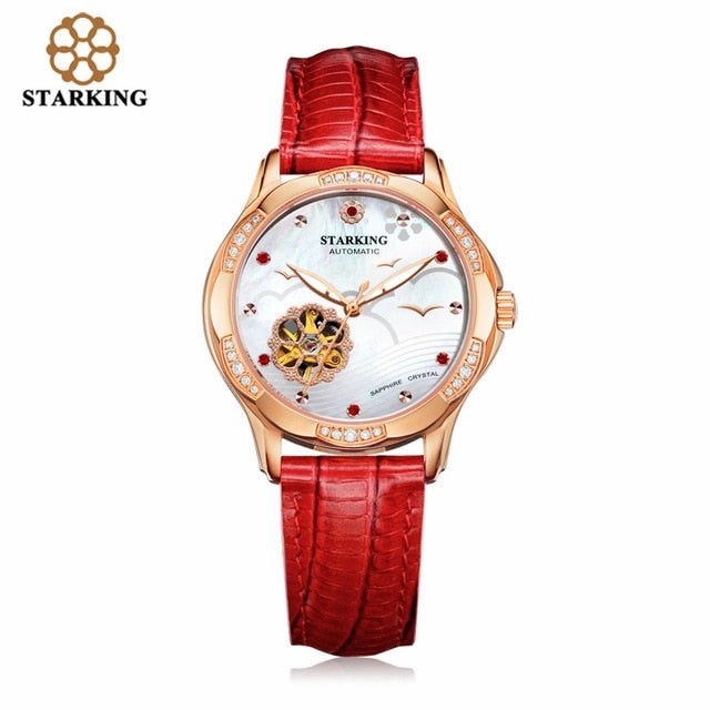 STARKING 34mm Automatic Watch Rose Gold Steel Case Vogue Dress Watches Skeleton Transparent Watch Women Mechanical Wristwatches