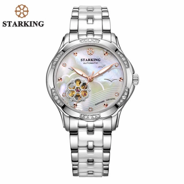 STARKING 34mm Automatic Watch Rose Gold Steel Case Vogue Dress Watches Skeleton Transparent Watch Women Mechanical Wristwatches
