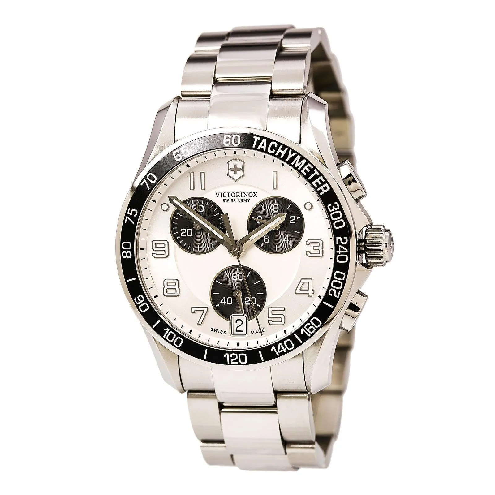 Swiss Army 241495 Men's Chrono Classic Black Bezel Silver Dial Steel Bracelet Watch