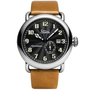 Szanto Men's Automatic Watch - Officer Classic Round Black Dial Tan Strap | SZ 6302E
