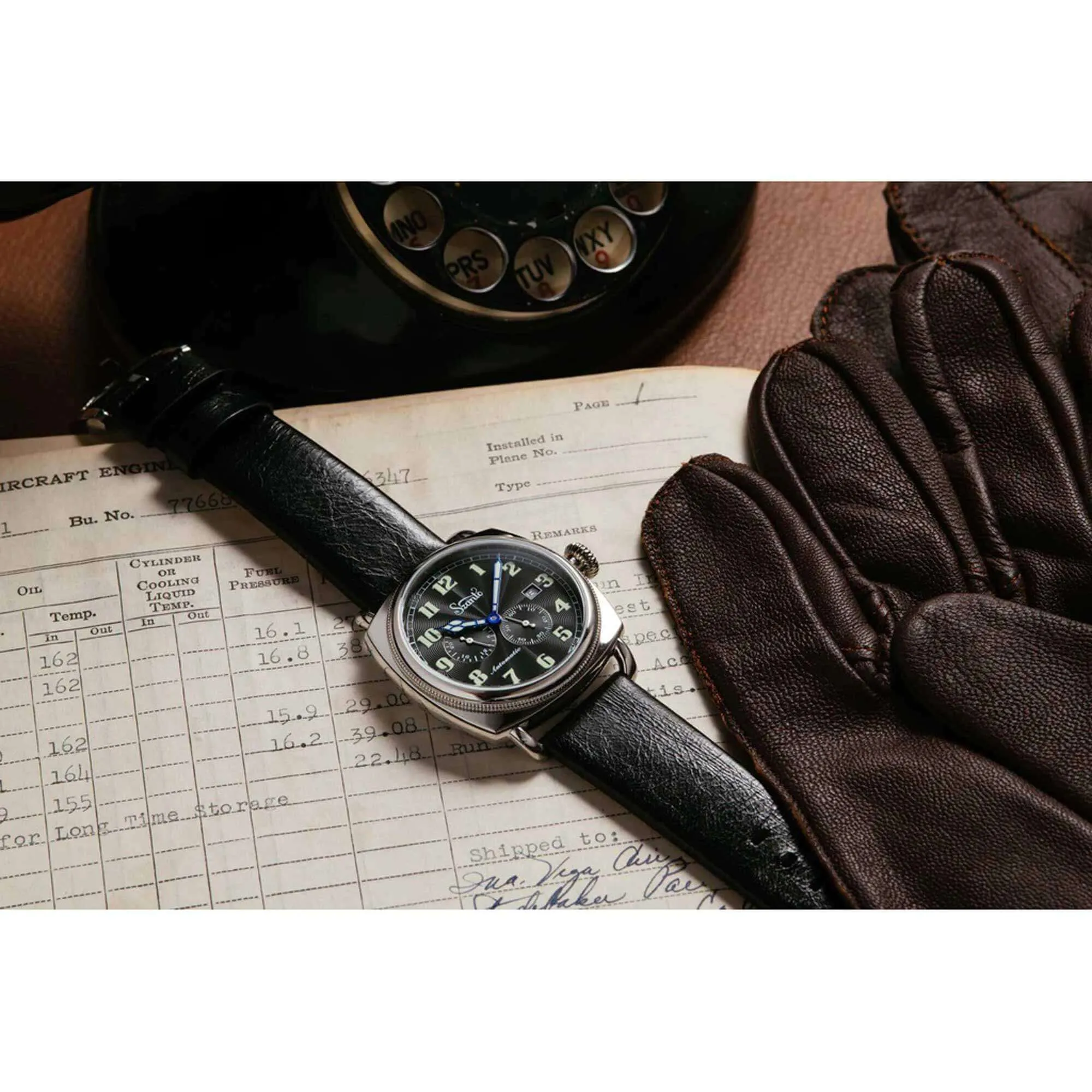 Szanto Men's Automatic Watch - Officer Coin Cushion Black Dial Strap | SZ 6201E