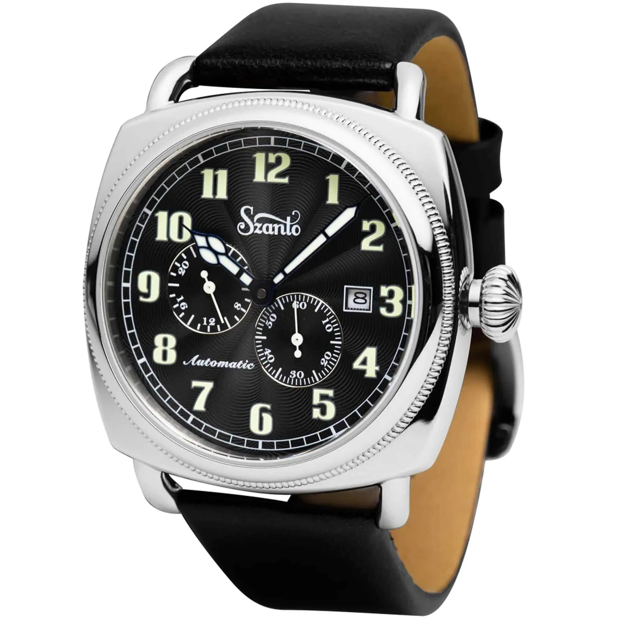 Szanto Men's Automatic Watch - Officer Coin Cushion Black Dial Strap | SZ 6201E