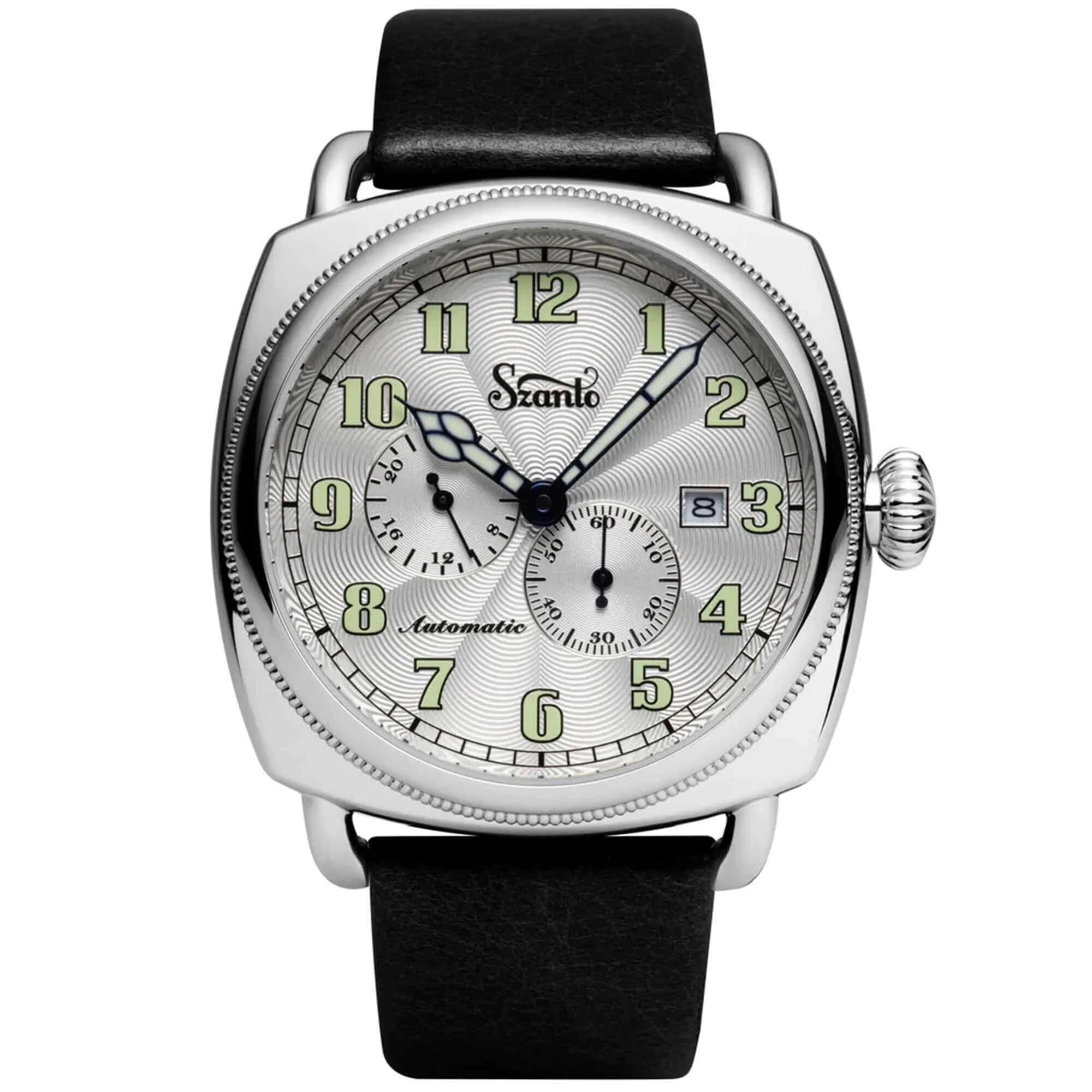Szanto Men's Watch - Officer Coin Cushion Silver Tone Dial Black Strap | SZ 6202E