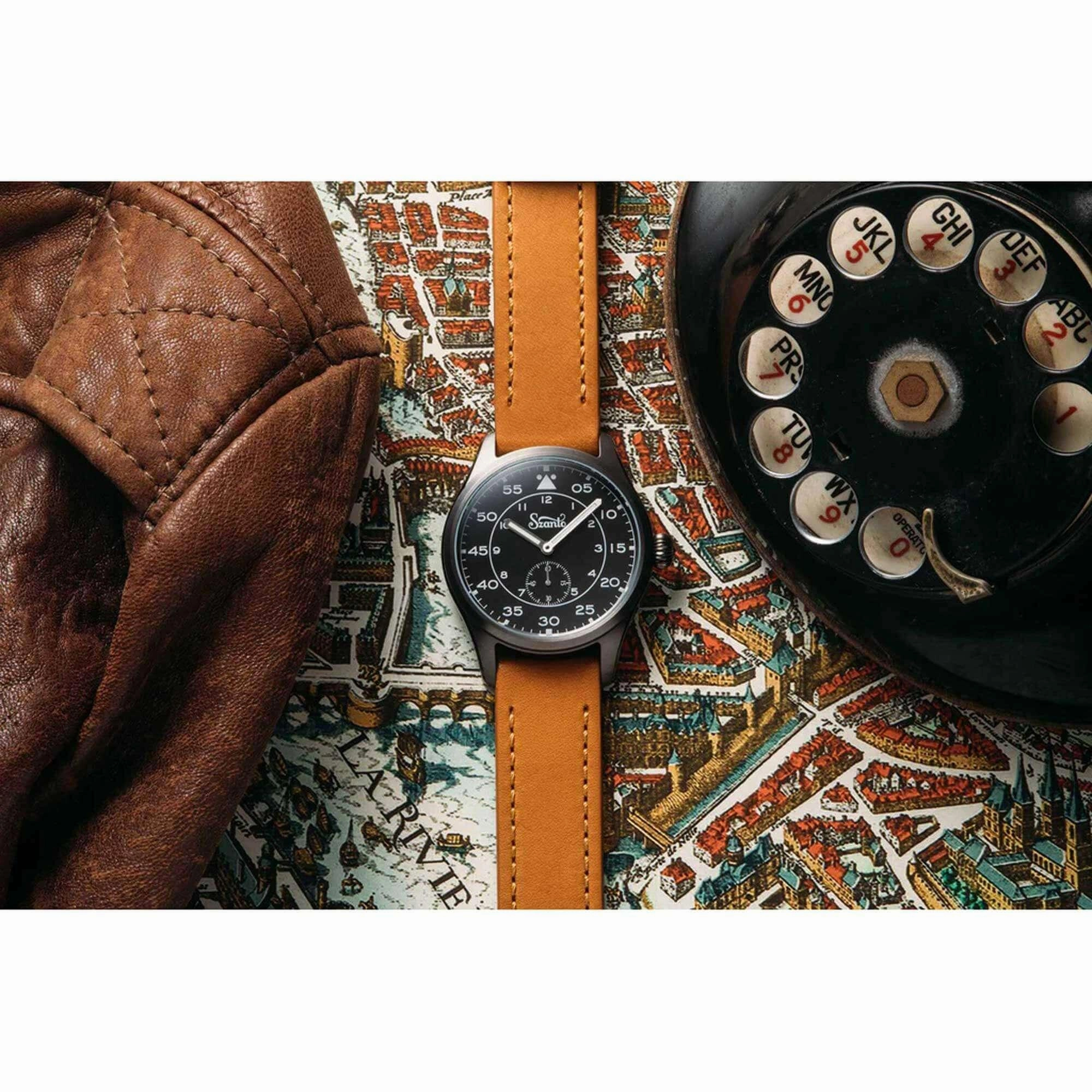 Szanto Men's Quartz Watch - Heritage Aviator Black Dial Grey Case Tan Strap | SZ 2757