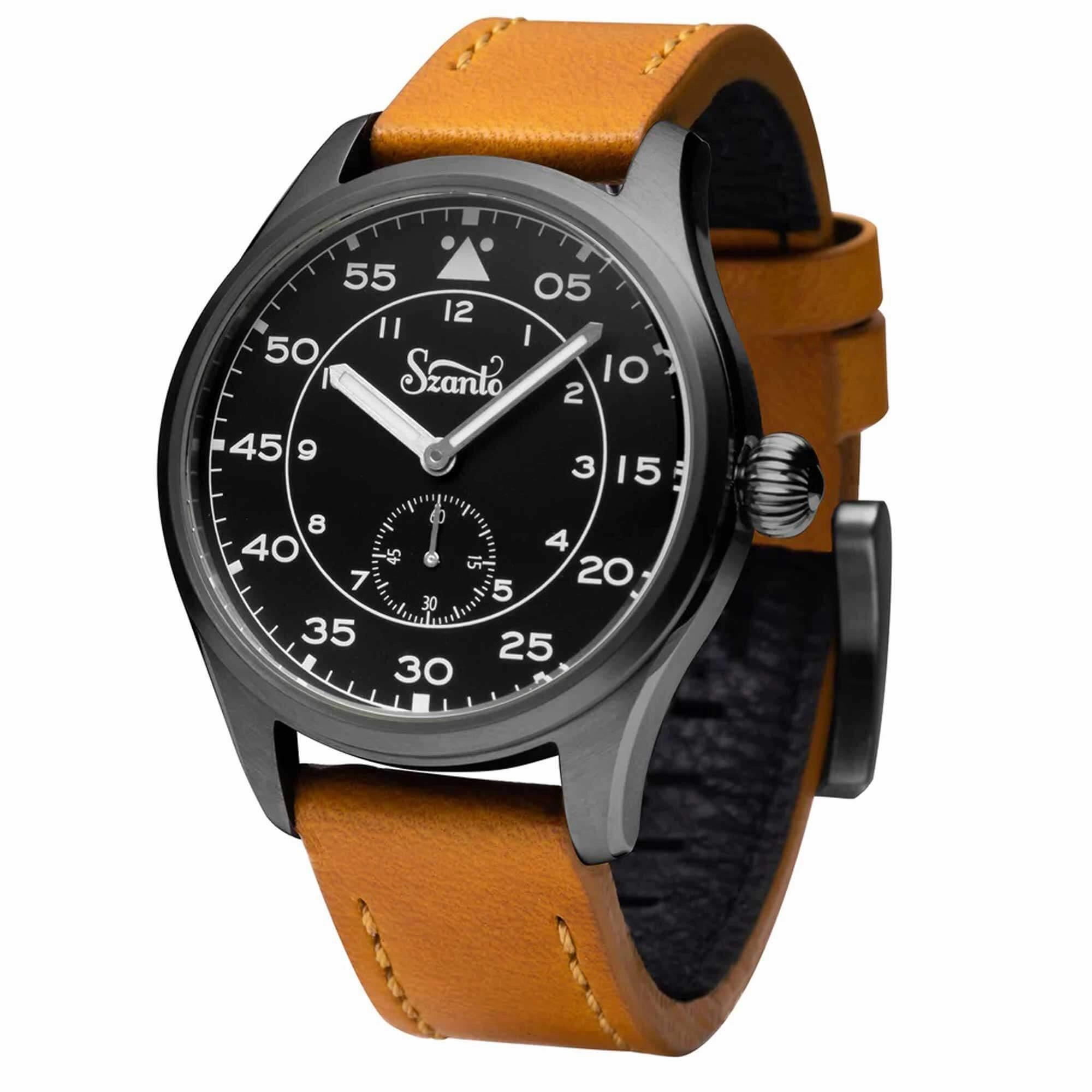 Szanto Men's Quartz Watch - Heritage Aviator Black Dial Grey Case Tan Strap | SZ 2757