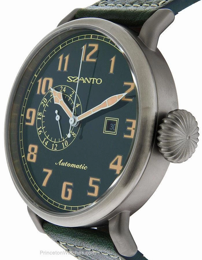 Szanto Mens 6100 Series Aviator Watch - Green Dial & Strap - 100m - Date
