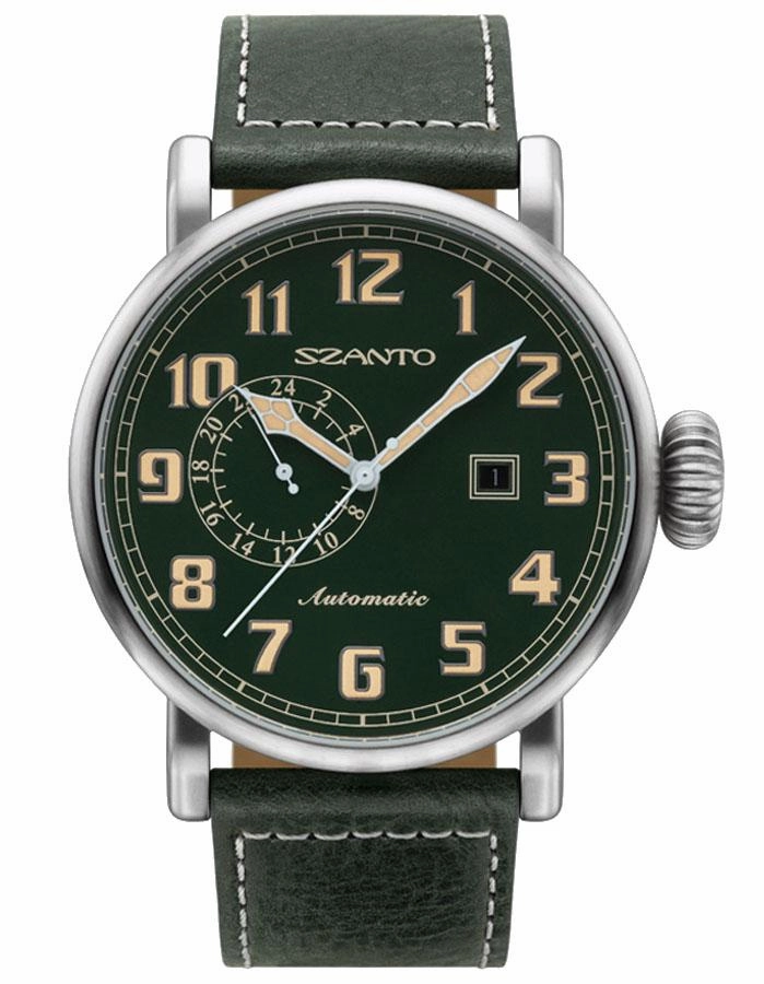 Szanto Mens 6100 Series Aviator Watch - Green Dial & Strap - 100m - Date