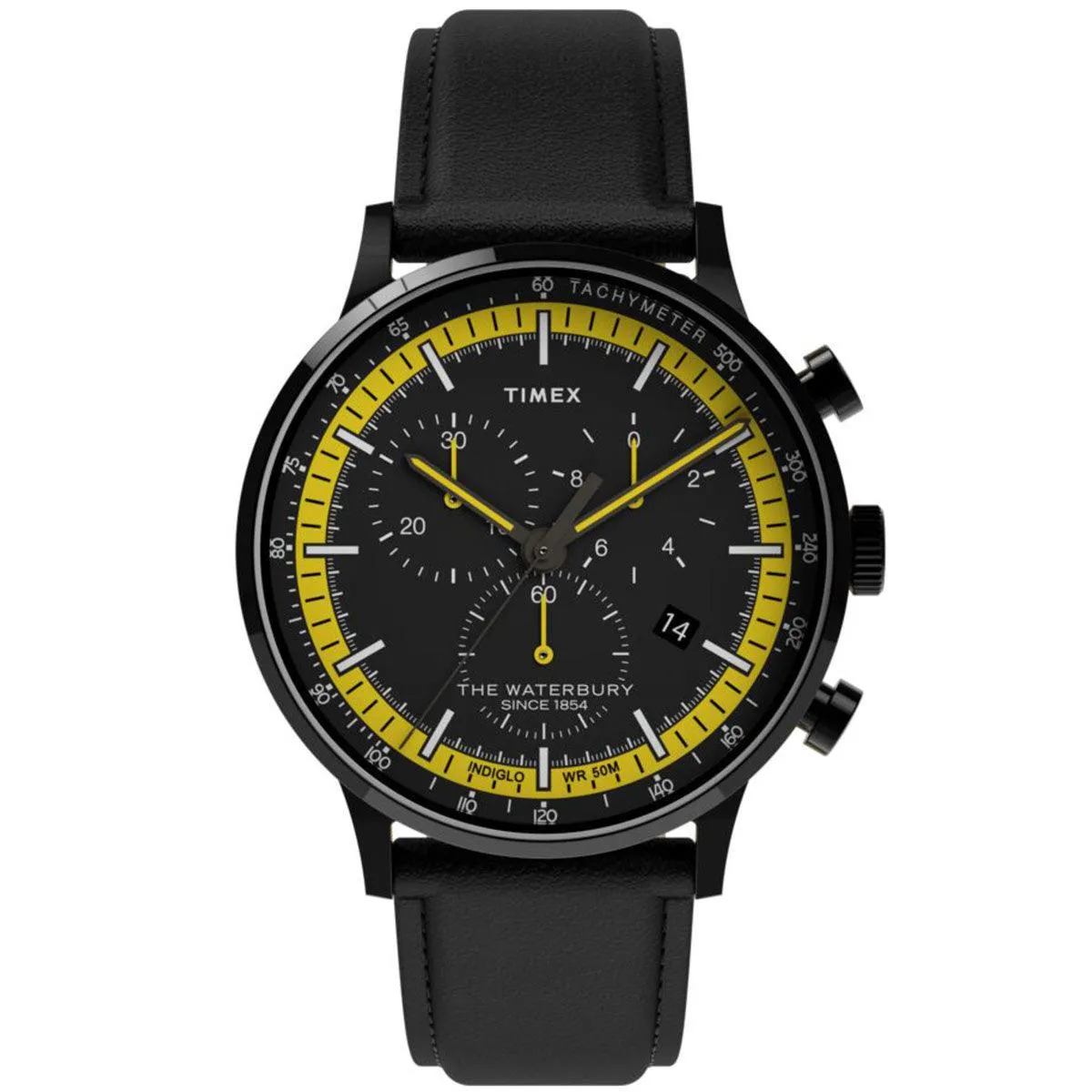 Timex Men's Chronograph Watch - Waterbury Black Dial Leather Strap | TW2U04800VQ