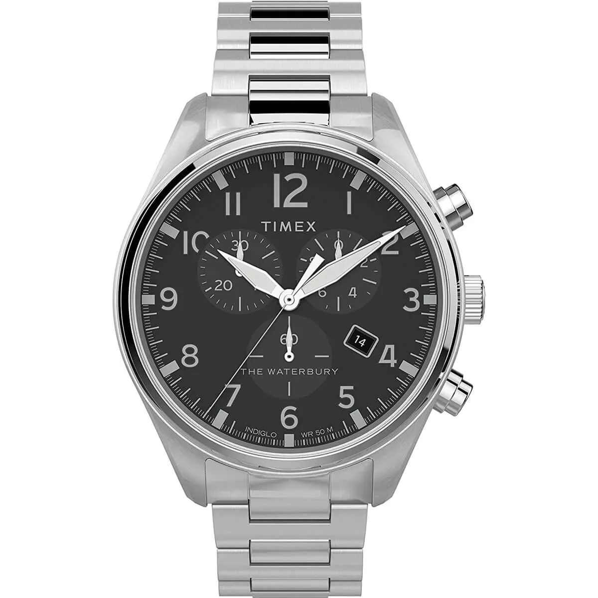 Timex Men's Chronograph Watch - Waterbury Black Dial Silver Bracelet | TW2T70300VQ