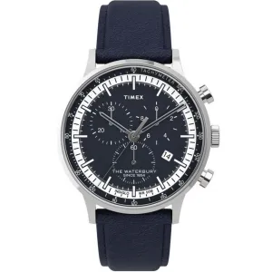 Timex Men's Chronograph Watch - Waterbury Blue Dial Leather Strap | TW2U04700VQ
