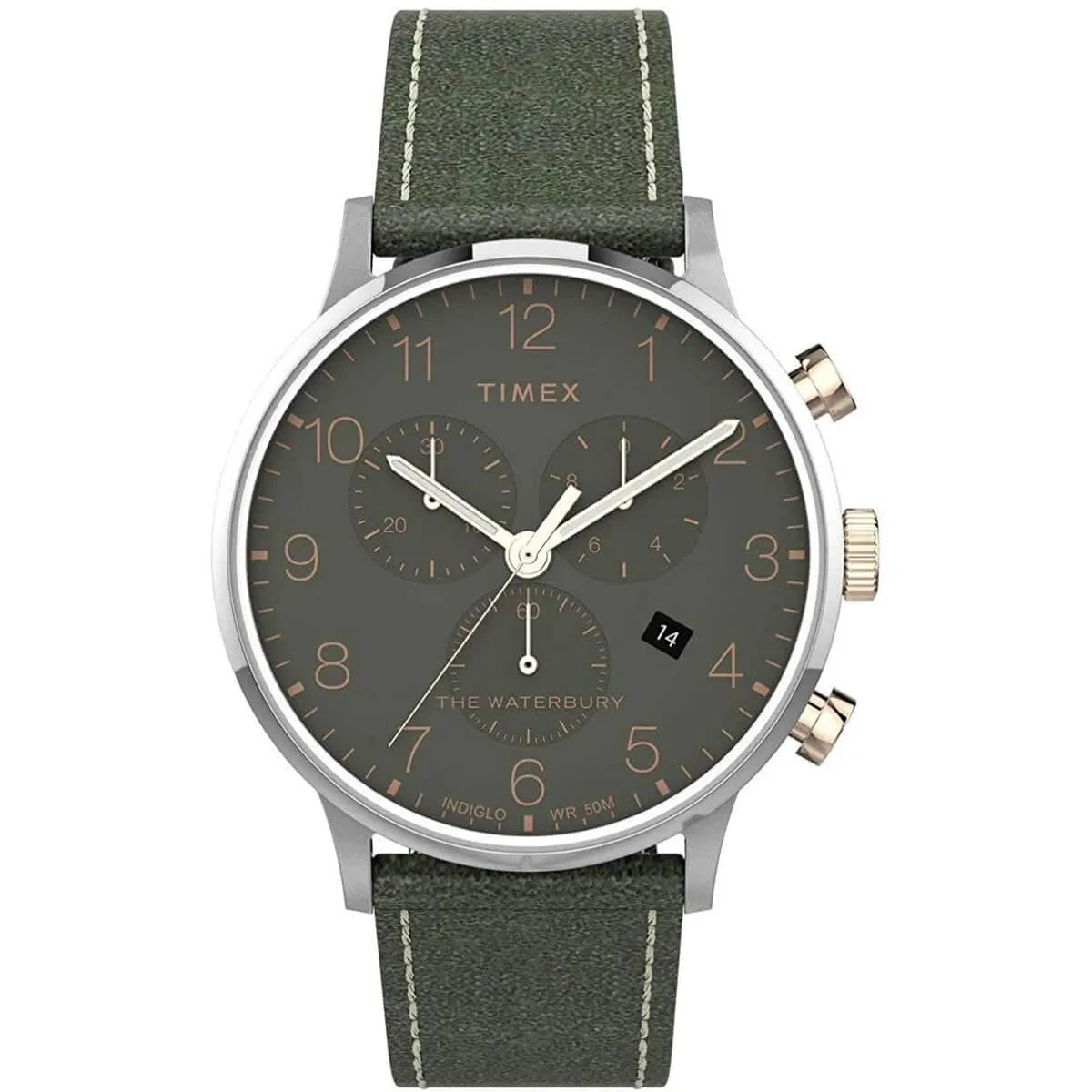 Timex Men's Chronograph Watch - Waterbury Green Dial Leather Strap | TW2T71400VQ