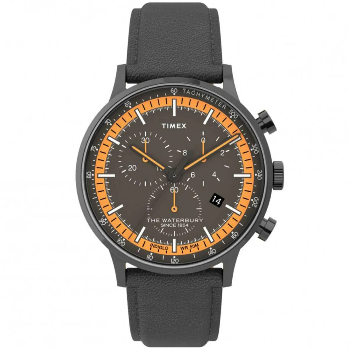 Timex Men's Chronograph Watch - Waterbury Grey Dial Leather Strap | TW2U04900VQ
