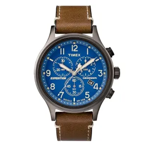 Timex Men's Leather Strap Watch - Expedition Scout Chronograph Blue Dial | TW4B09000JV