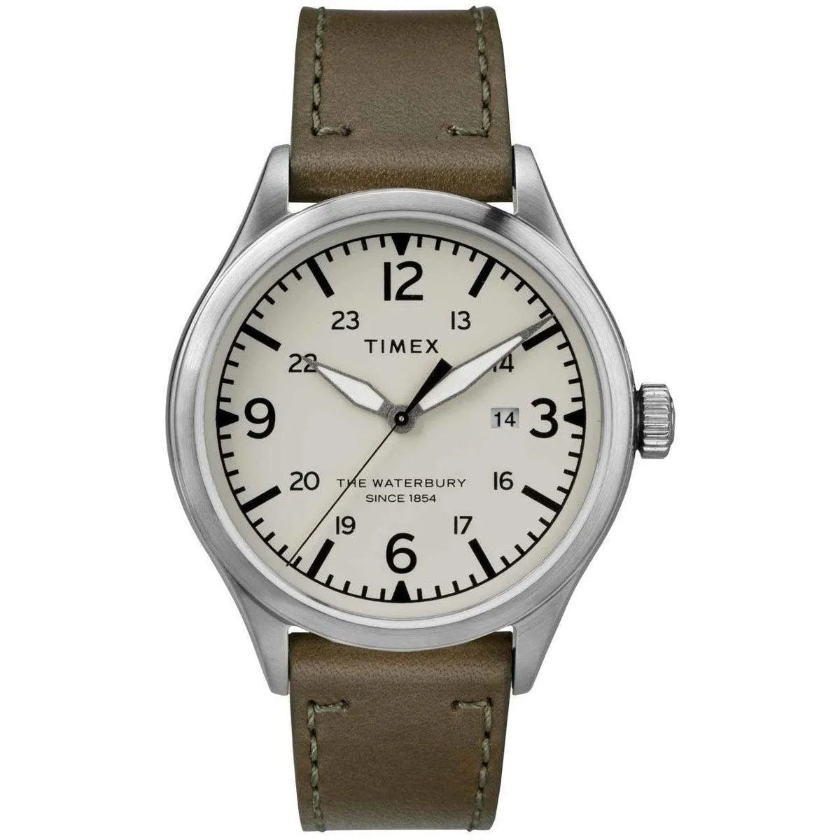 Timex Men's Quartz Watch - Waterbury Cream Dial Green Leather Strap | TW2R71100
