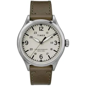 Timex Men's Quartz Watch - Waterbury Cream Dial Green Leather Strap | TW2R71100