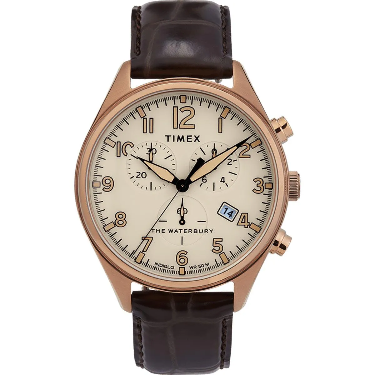 Timex Men's Quartz Watch - Waterbury Tan Dial Brown Leather Strap | TW2R88300