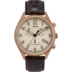 Timex Men's Quartz Watch - Waterbury Tan Dial Brown Leather Strap | TW2R88300
