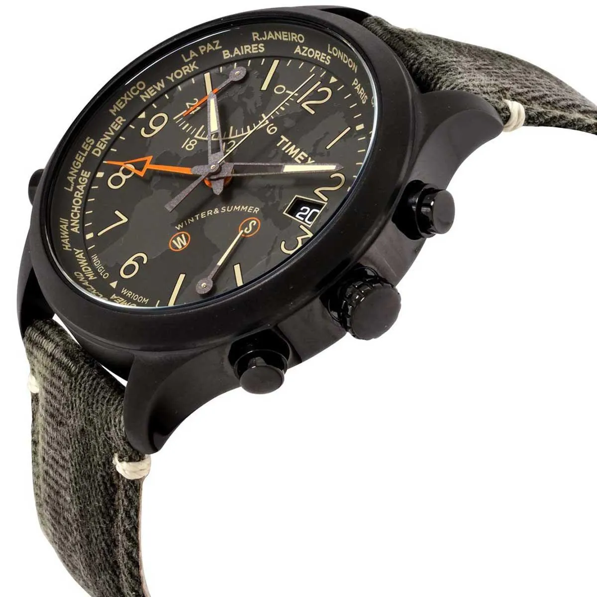 Timex Men's Quartz Watch - Waterbury World Time Green Fabric Strap | TW2R43200