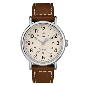 Timex Men's Strap Watch - Weekender Cream Dial Brown Leather | TW2R42400JV