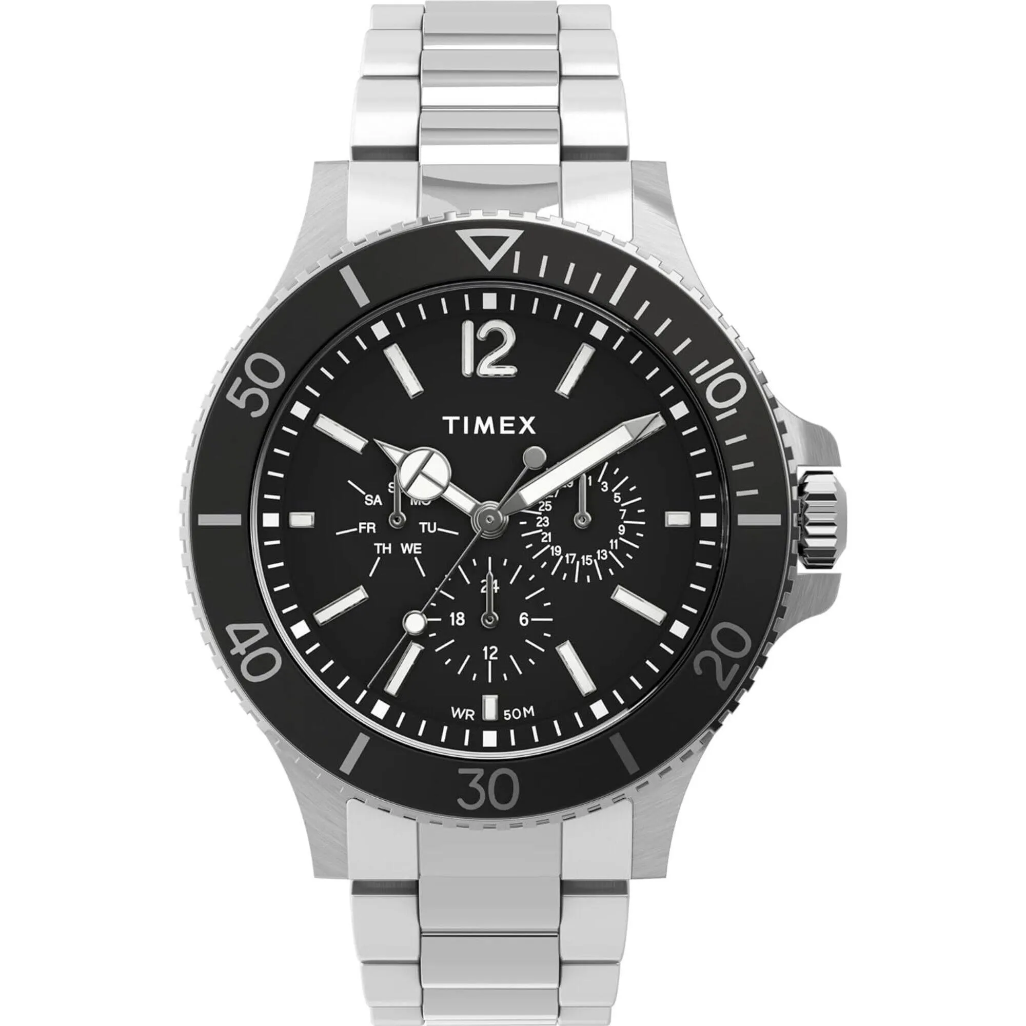 Timex Men's Watch - Harborside Day-Date Black Dial Silver Tone Bracelet | TW2U13100VQ