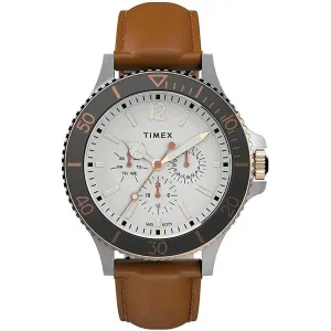Timex Men's Watch - Harborside Rotating Bezel White Dial Brown Strap | TW2U12800VQ
