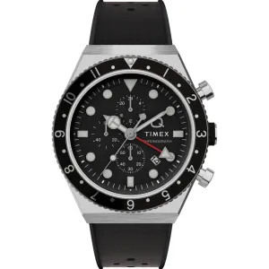 Timex Men's Watch - Q Chronograph Rotating Bezel Black Dial Rubber Strap | TW2V70000