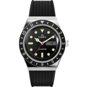 Timex Men's Watch - Q Quartz Rotating Bezel Black Dial Strap Day-Date TW2V32000