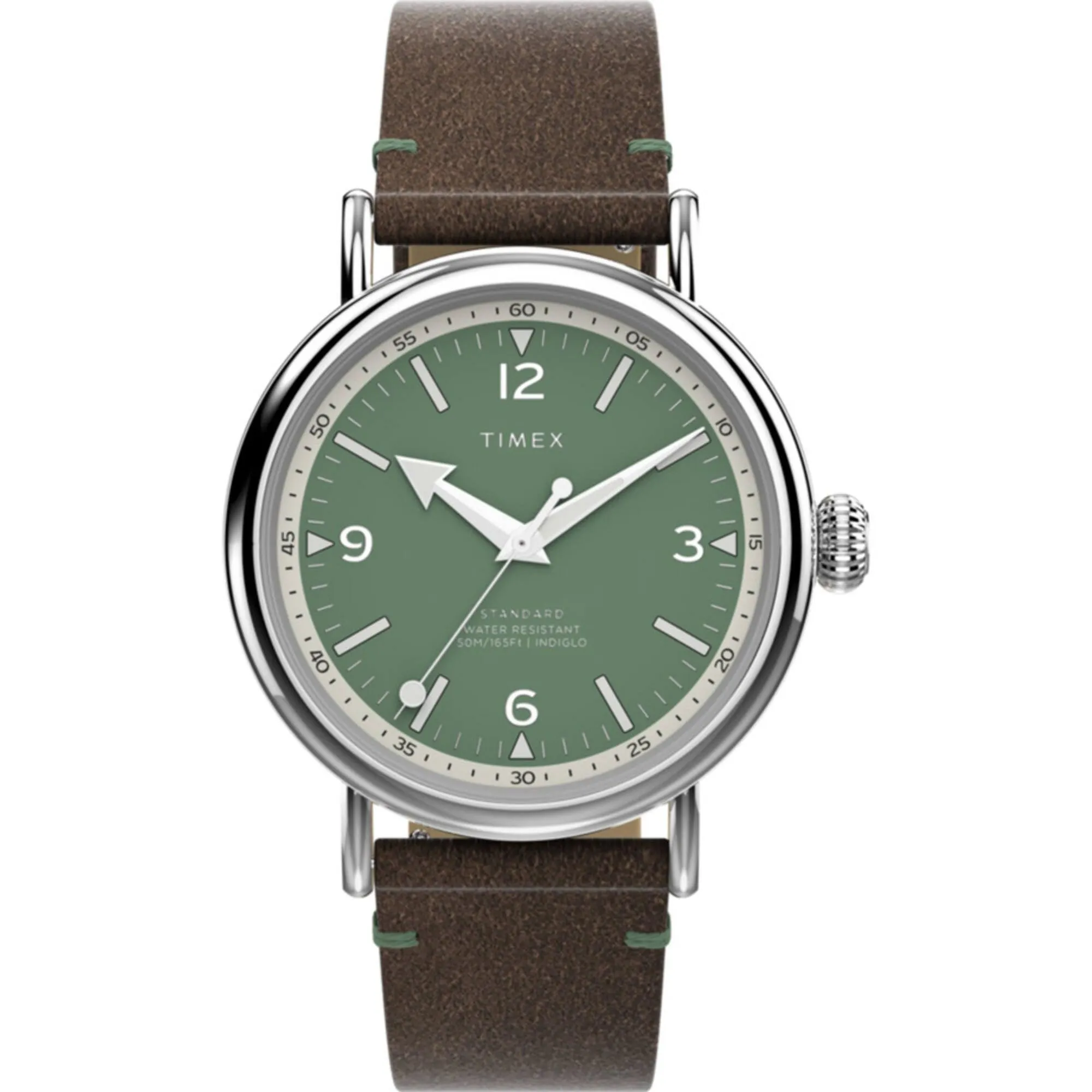 Timex Men's Watch - Standard White and Green Dial Brown Leather Strap | TW2V71200VQ
