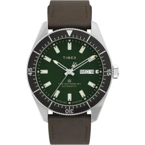 Timex Men's Watch - The Waterbury Automatic Green Dial Leather Strap TW2V24700