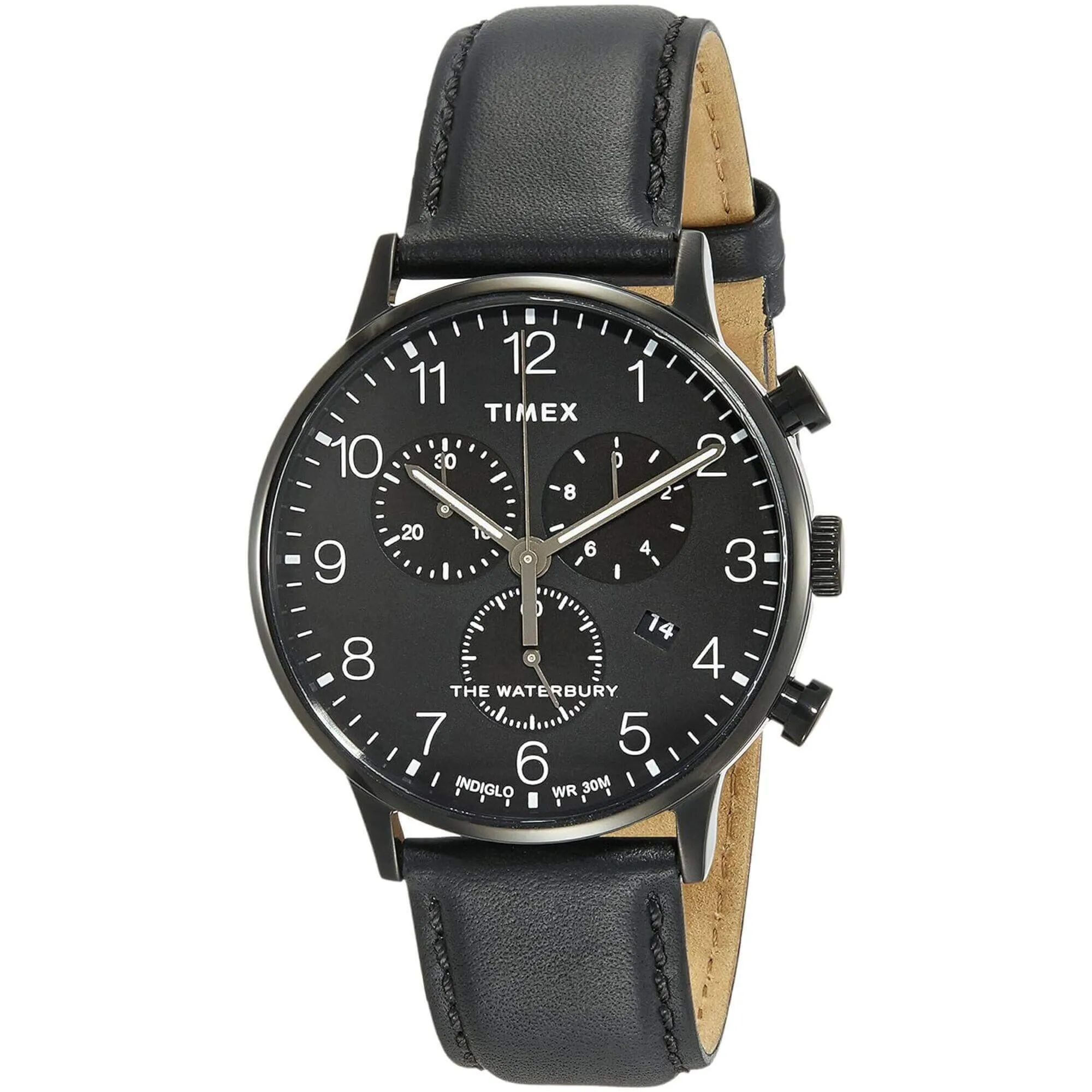 Timex Men's Watch - Waterbury Quartz Chrono Black Dial Leather Strap | TW2R71800VQ