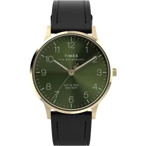 Timex Men's Watch - Waterbury Quartz Green Dial Dark Brown Leather Strap | TW2W75900