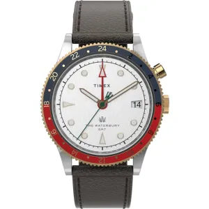 Timex Men's Watch - Waterbury Traditional GMT White Dial Leather Strap | TW2U99100
